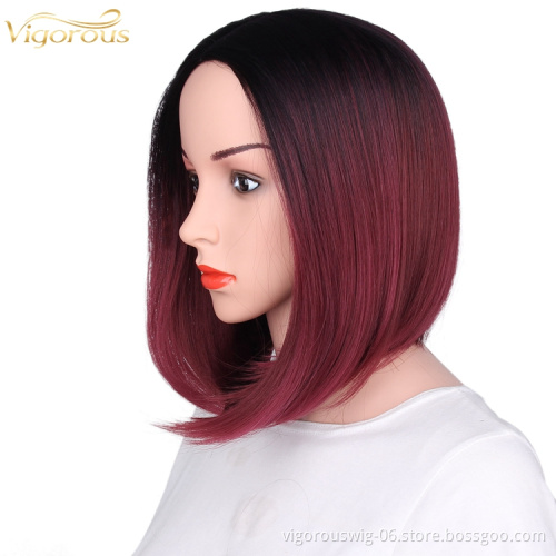 Premium vendor high quality wholesale Ombre red short straight wavy hair synthetic heat resistant wig lace front black women